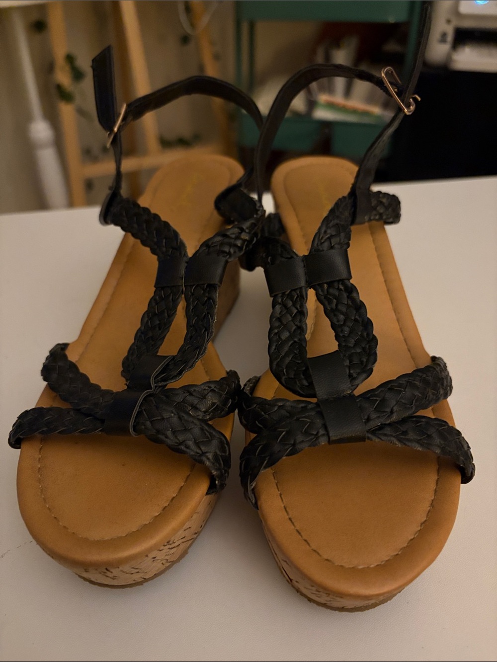 Qupid Black Braided Strap Wedge Sandals